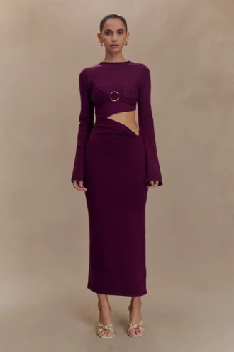 Vestido midi de punto de manga larga Azariah – Ciruela