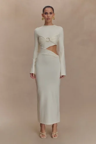 Vestido midi de punto de manga larga Azariah – Marfil
