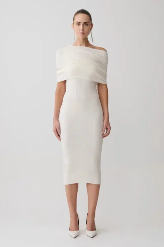 Vestido midi de punto de mezcla de cachemira Zandie – Marfil