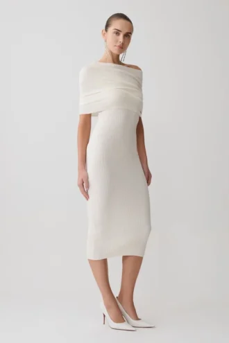 Vestido midi de punto de mezcla de cachemira Zandie – Marfil