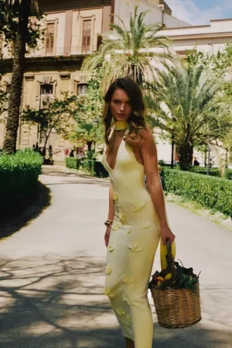 Vestido midi de punto floral Wynn – Limón