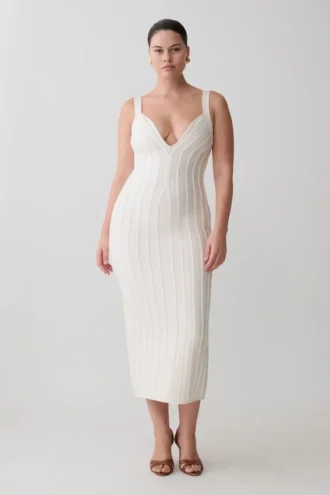 Vestido midi de punto vendaje Gia – Marfil