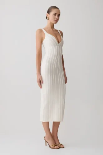 Vestido midi de punto vendaje Gia – Marfil