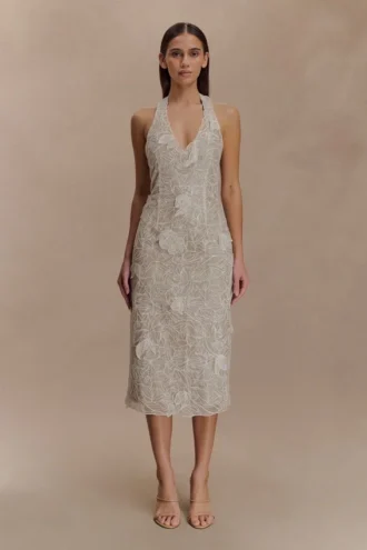 Vestido midi de seda con encaje y cuello halter Lenore – Marfil