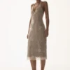 Vestido midi de seda con encaje y cuello halter Lenore – Marfil Vestido midi de seda con encaje y cuello halter Lenore – Marfil