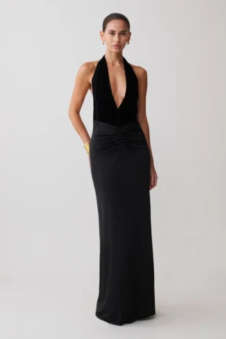 Vestido midi de terciopelo con escote pronunciado y malla Lien – Negro