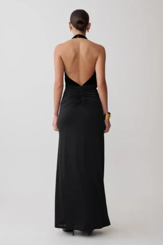 Vestido midi de terciopelo con escote pronunciado y malla Lien – Negro