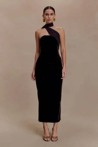 Vestido midi de terciopelo Mattea con pañuelo – Chocolate