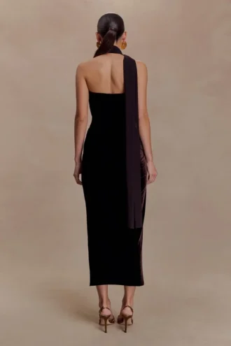 Vestido midi de terciopelo Mattea con pañuelo – Chocolate