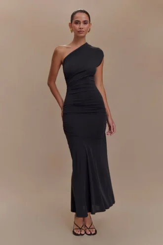 Vestido midi de un solo hombro de jersey peinado Chloe – Negro