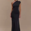 Vestido midi de un solo hombro de jersey peinado Chloe – Negro Vestido midi de un solo hombro de jersey peinado Chloe – Negro