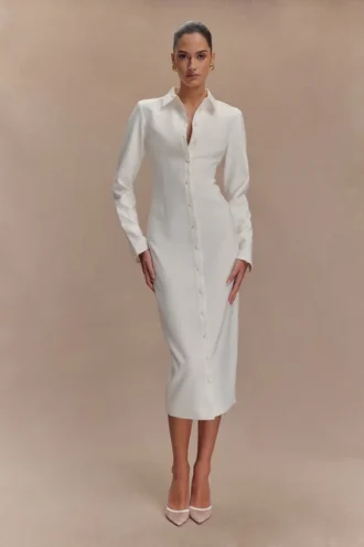 Vestido midi entallado tipo camisa Dorian – Blanco
