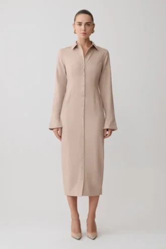 Vestido midi entallado tipo camisa Dorian – Grano jaspeado