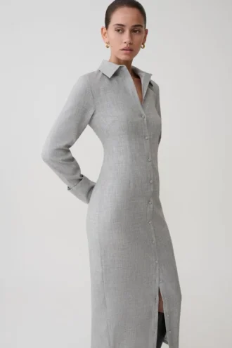 Vestido midi entallado tipo camisa Dorian – Gris carbón jaspeado
