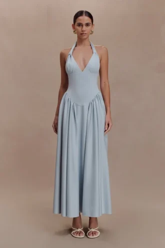 Vestido midi halter Angelina de scuba – Azul pálido