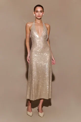 Vestido midi halter con diamantes Genie – Color nude