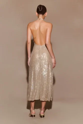 Vestido midi halter con diamantes Genie – Color nude
