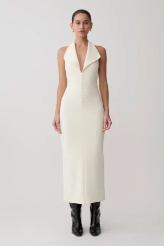 Vestido midi halter de crepé Annita – Marfil