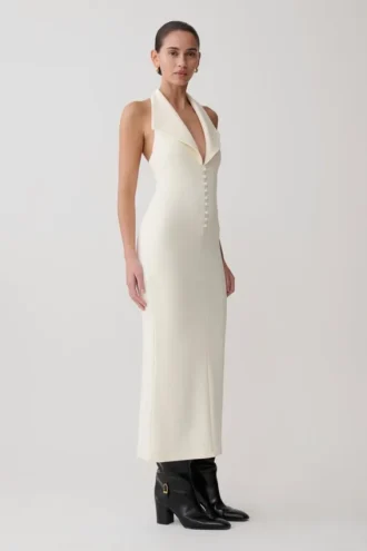 Vestido midi halter de crepé Annita – Marfil