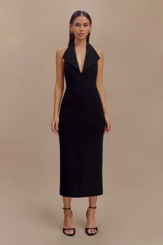 Vestido midi halter de crepé Annita – Negro