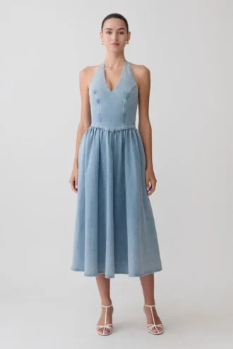 Vestido midi halter de Denim Miller – Azul clásico