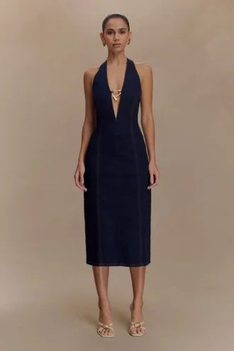 Vestido midi halter de Denim Shauna – Azul índigo Vestido midi halter de Denim Shauna – Azul índigo