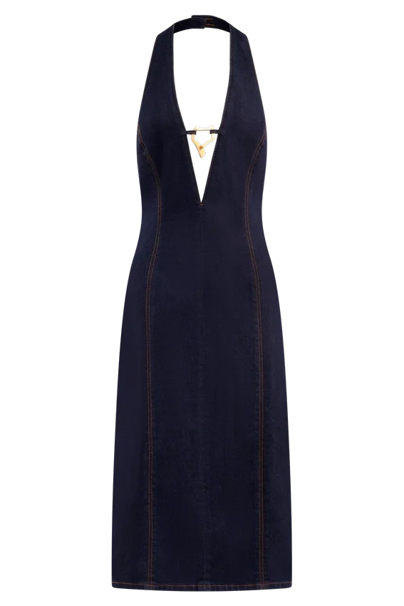 Vestido midi halter de Denim Shauna – Azul índigo Vestido midi halter de Denim Shauna – Azul índigo
