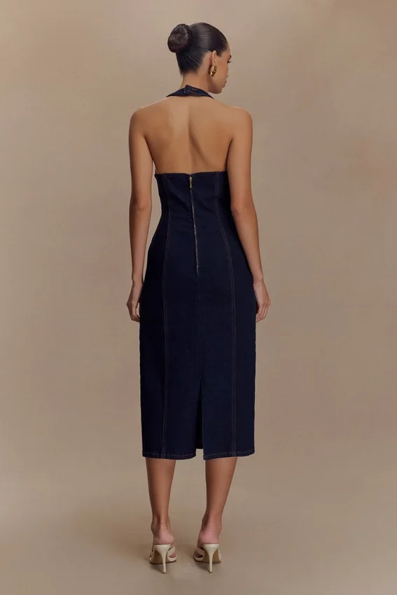 Vestido midi halter de Denim Shauna – Azul índigo Vestido midi halter de Denim Shauna – Azul índigo