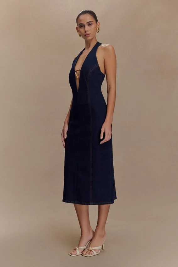 Vestido midi halter de Denim Shauna – Azul índigo Vestido midi halter de Denim Shauna – Azul índigo