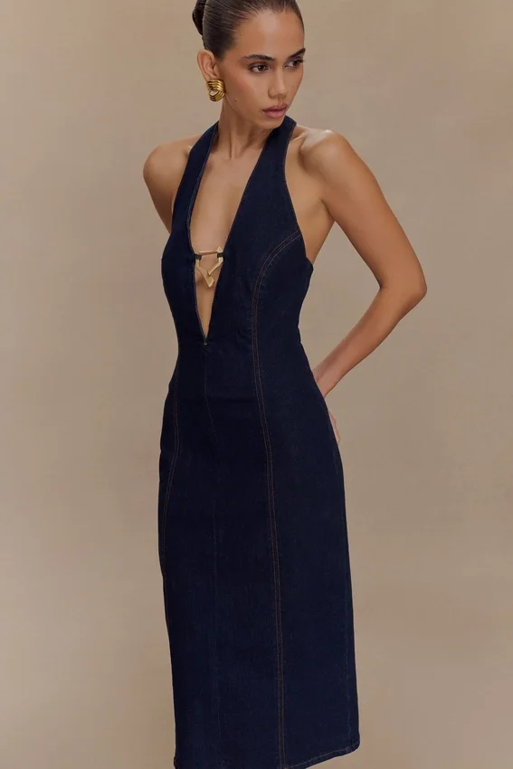 Vestido midi halter de Denim Shauna – Azul índigo Vestido midi halter de Denim Shauna – Azul índigo