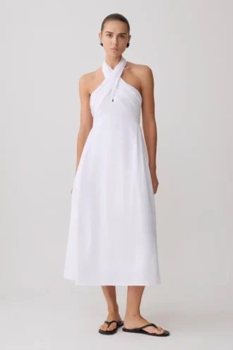 Vestido midi halter de lino Rosie – Blanco