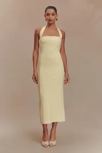 Vestido midi halter de traje Amelita – Limón pálido