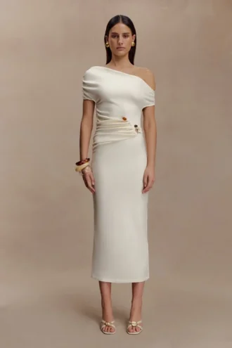 Vestido midi Kendra de jersey scuba con detalles metálicos – Marfil
