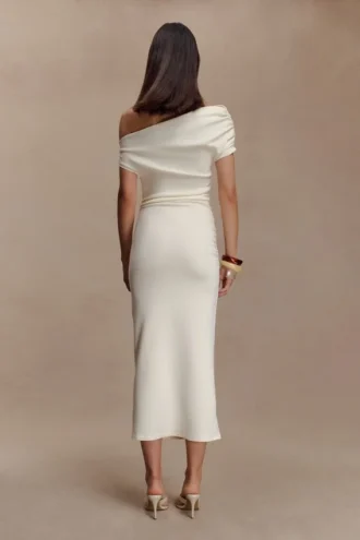 Vestido midi Kendra de jersey scuba con detalles metálicos – Marfil