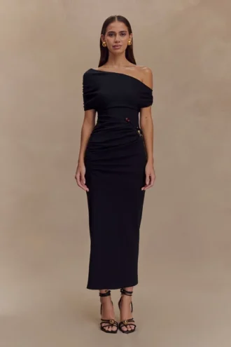 Vestido midi Kendra de jersey scuba con detalles metálicos – Negro