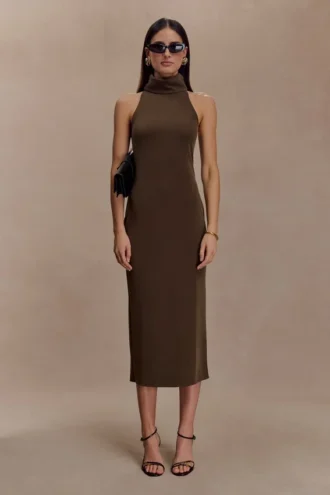 Vestido midi Kennedy de cuello alto – Chocolate