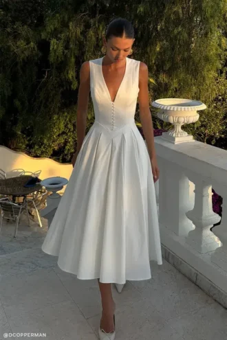 Vestido midi sin mangas de algodón Keely – Blanco