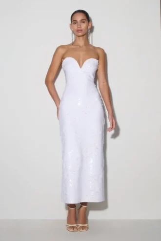 Vestido midi sin tirantes con lentejuelas Maisie – Blanco