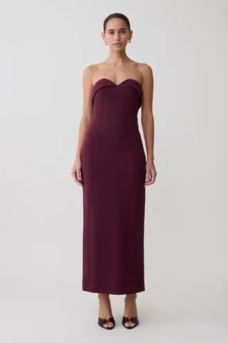 Vestido midi sin tirantes con pliegues Cary de crepé – Burdeos