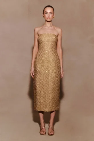 Vestido midi sin tirantes de tweed Gala – Dorado