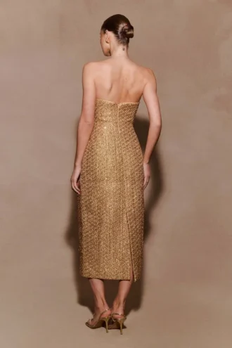 Vestido midi sin tirantes de tweed Gala – Dorado