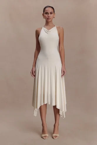 Vestido midi Sylvie de modal estilo pañuelo – Marfil