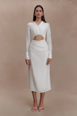 Vestido midi tipo camisa con aberturas Cecilie – Blanco