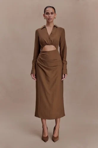Vestido midi tipo camisa con aberturas Cecilie – Chocolate oscuro