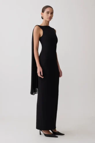 Vestido midi tipo vendaje con gasa de Farid – Negro