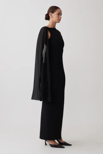 Vestido midi tipo vendaje con gasa de Farid – Negro