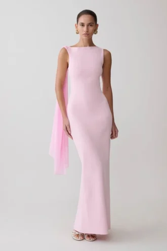 Vestido midi tipo vendaje Farid con gasa – Rosa bebé