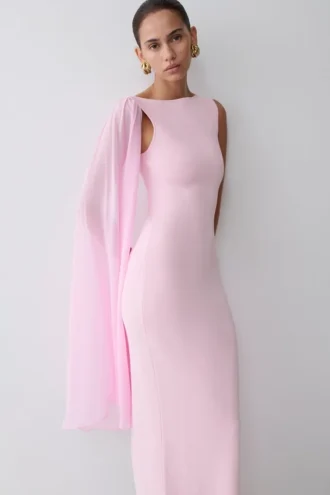 Vestido midi tipo vendaje Farid con gasa – Rosa bebé