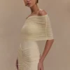Vestido mini Caspian con malla y hombros descubiertos – Marfil