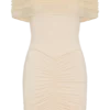 Vestido mini Caspian con malla y hombros descubiertos – Marfil